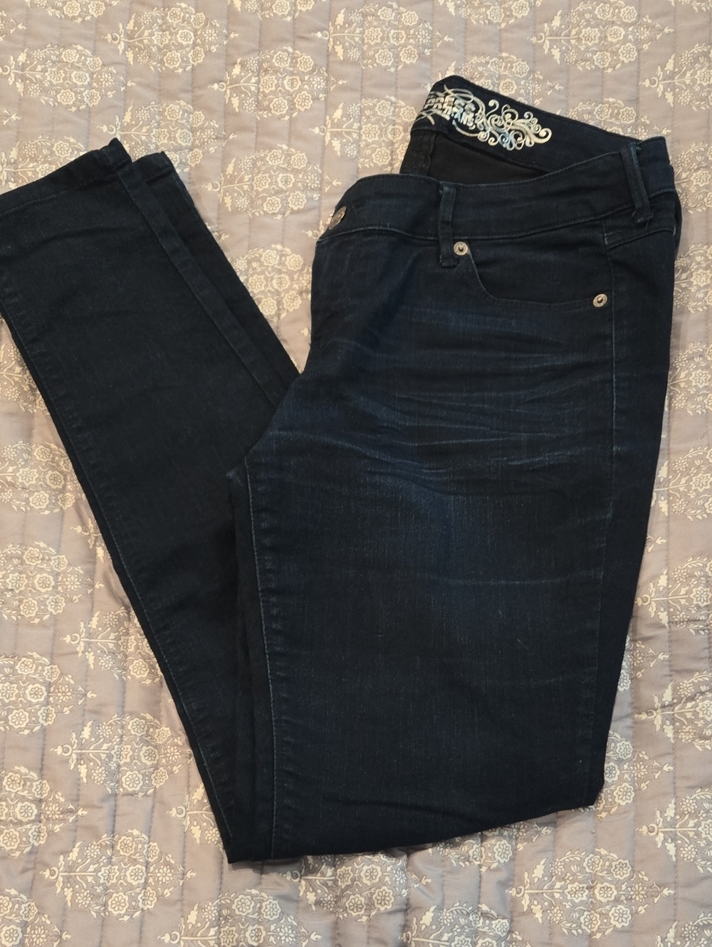 Express Women's Dark Blue Skinny Jeans - Embroidered Waistband